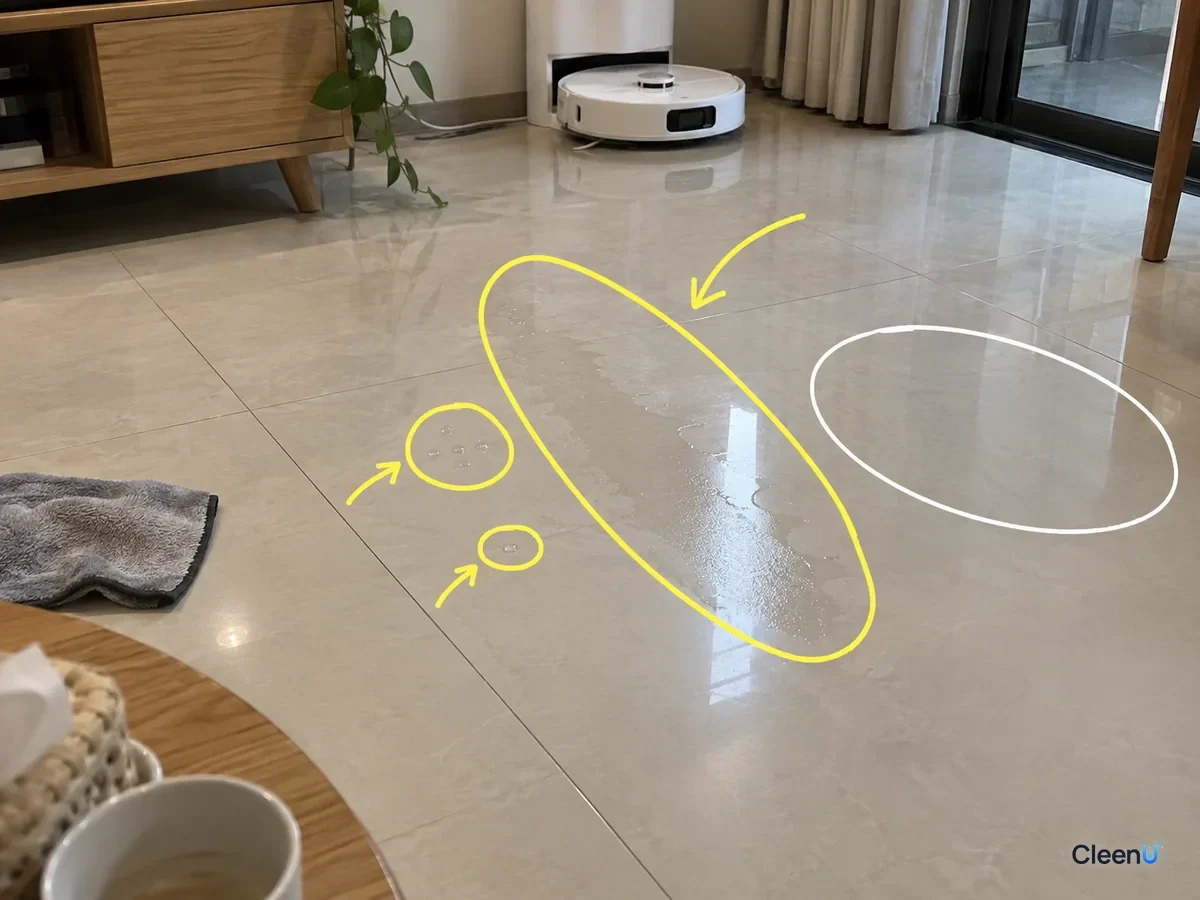 A freshly mopped tile floor with a wet streak, small leftover drops and an already dry area marked for comparison.