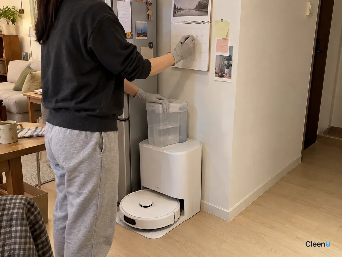 A person refilling a robot mop dock's water tank marks the date on a wall calendar to track how long one bottle lasts.