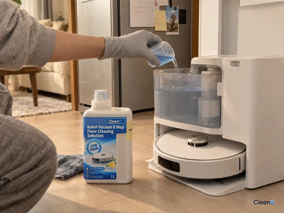 A gloved hand pours a measured dose of blue solution into a dock's clean water tank, with a CleenU Low Foam bottle on the floor.