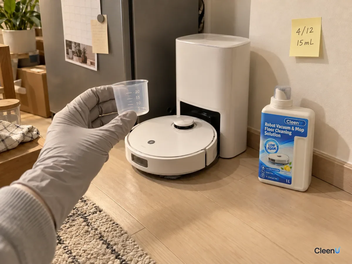 A gloved hand holds a small measuring cup by a robot dock and CleenU Low Foam bottle, with a sticky note reading 4/12 15 mL.