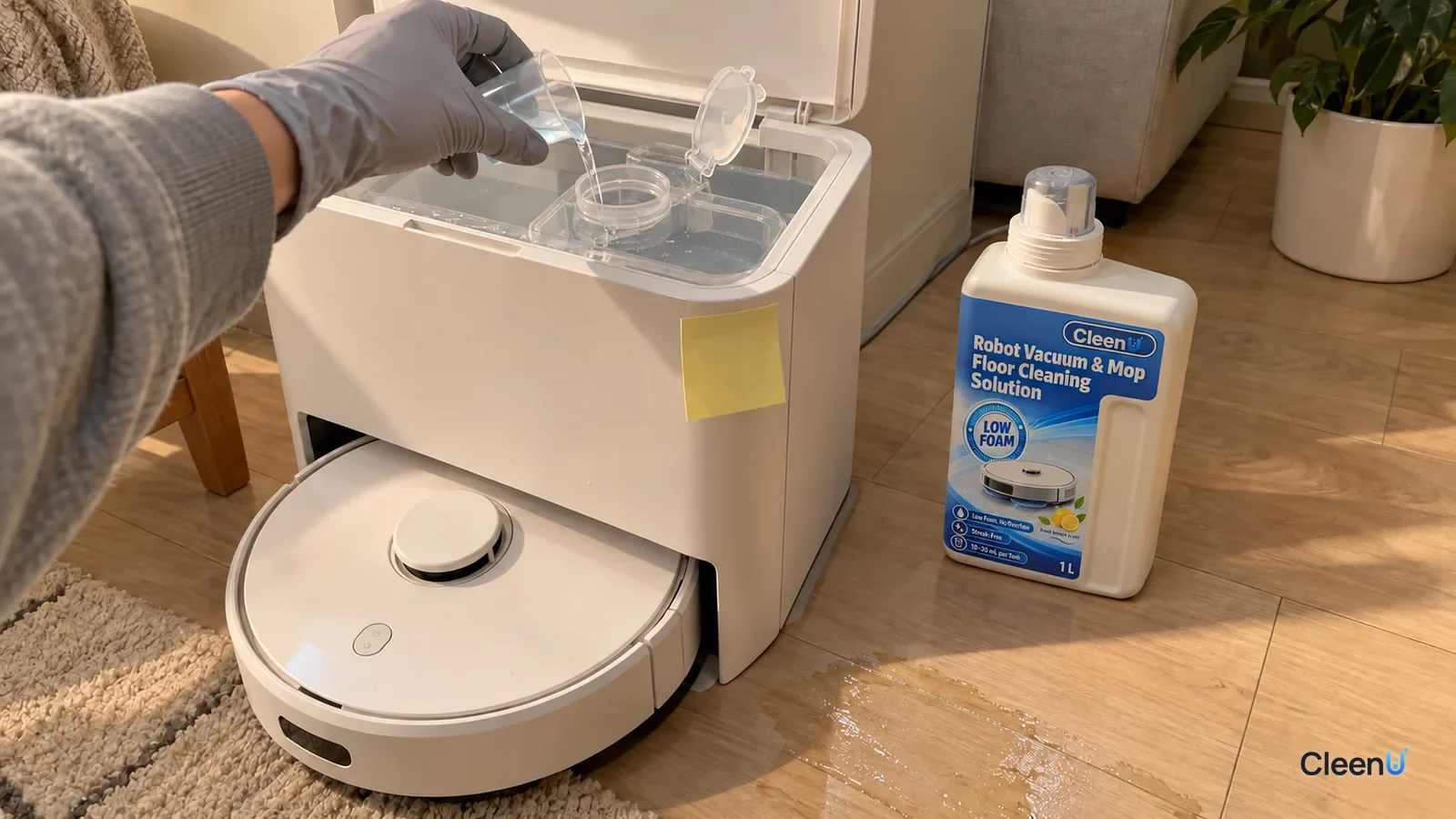 A gloved hand pours a measured dose into a dock's clean water tank, beside a CleenU Low Foam bottle and a sticky note on the dock.