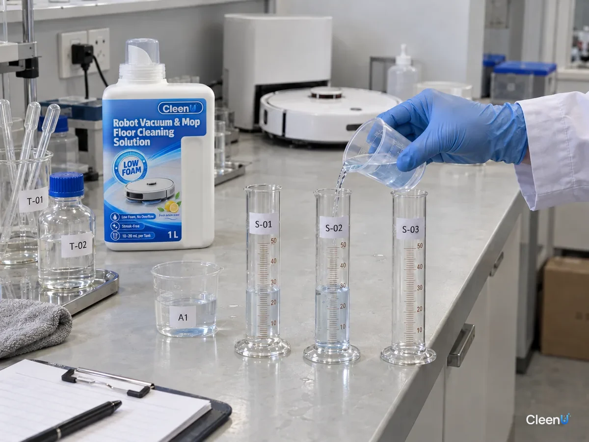 A lab tech pours solution into cylinders S-01 to S-03 to measure dilution, beside a CleenU Robot Vacuum & Mop Low Foam bottle.
