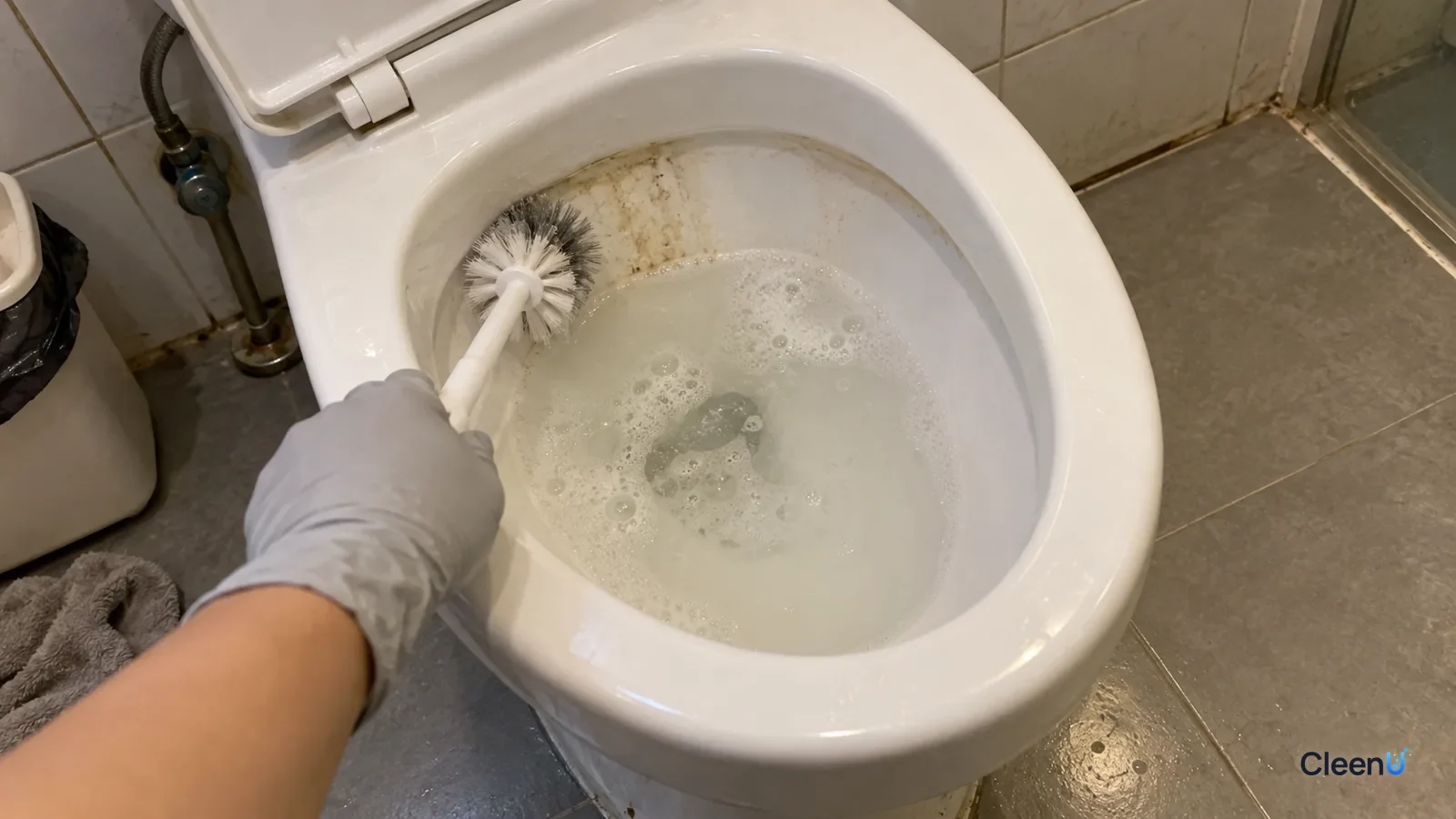 First-person: a light gray nitrile-gloved hand scrubs yellow marks under the toilet rim with a toilet brush, one section white again, a little foam on the water.