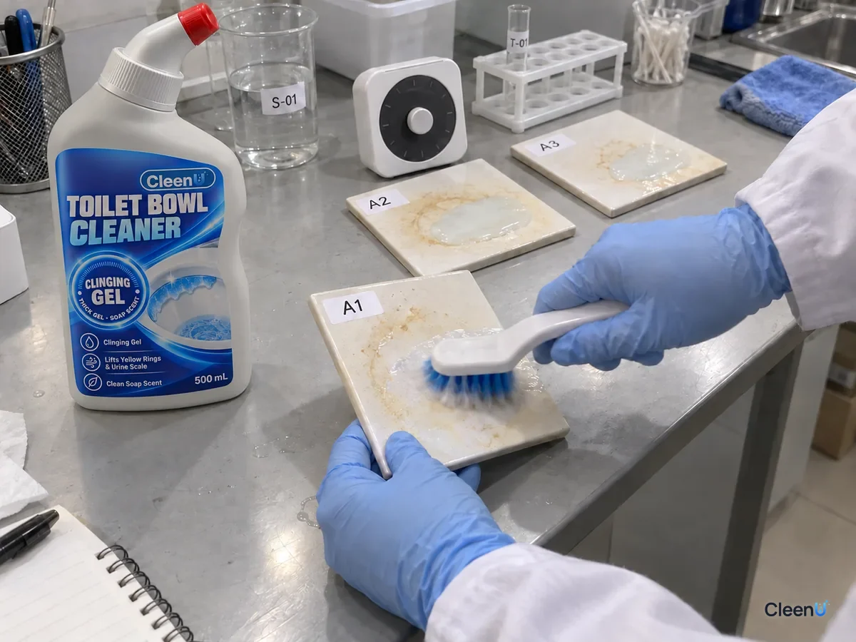 Lab bench: coded ceramic panels with urine scale coated in gel next to a timer; a technician scrubs them after different dwell times to compare, beside CleenU Toilet Bowl Cleaner.