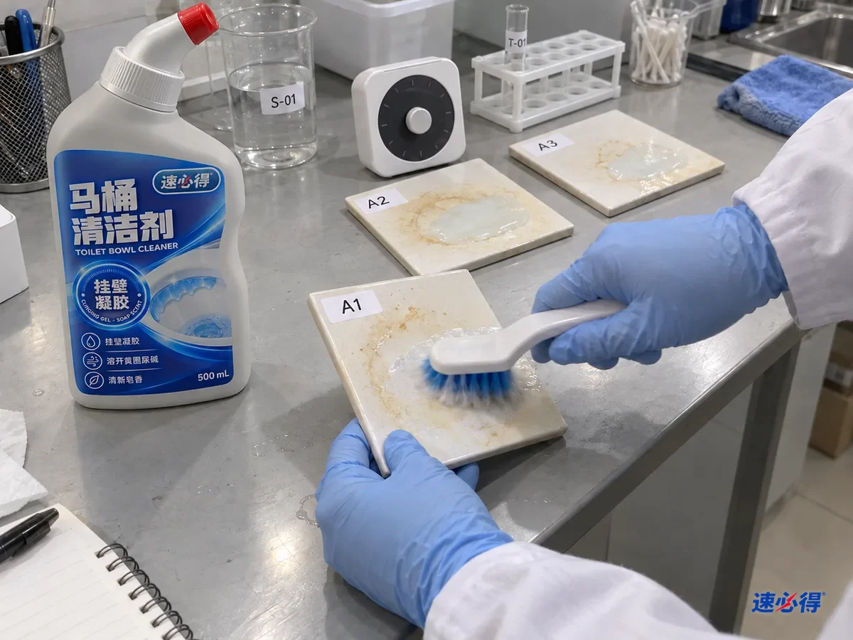 实验台上几块贴着不同测试编号的陶瓷样板带着尿碱水垢，涂了凝胶后放在计时器旁，技术人员按不同停留时间刷洗比较，台面上放着一瓶速必得马桶清洁剂。