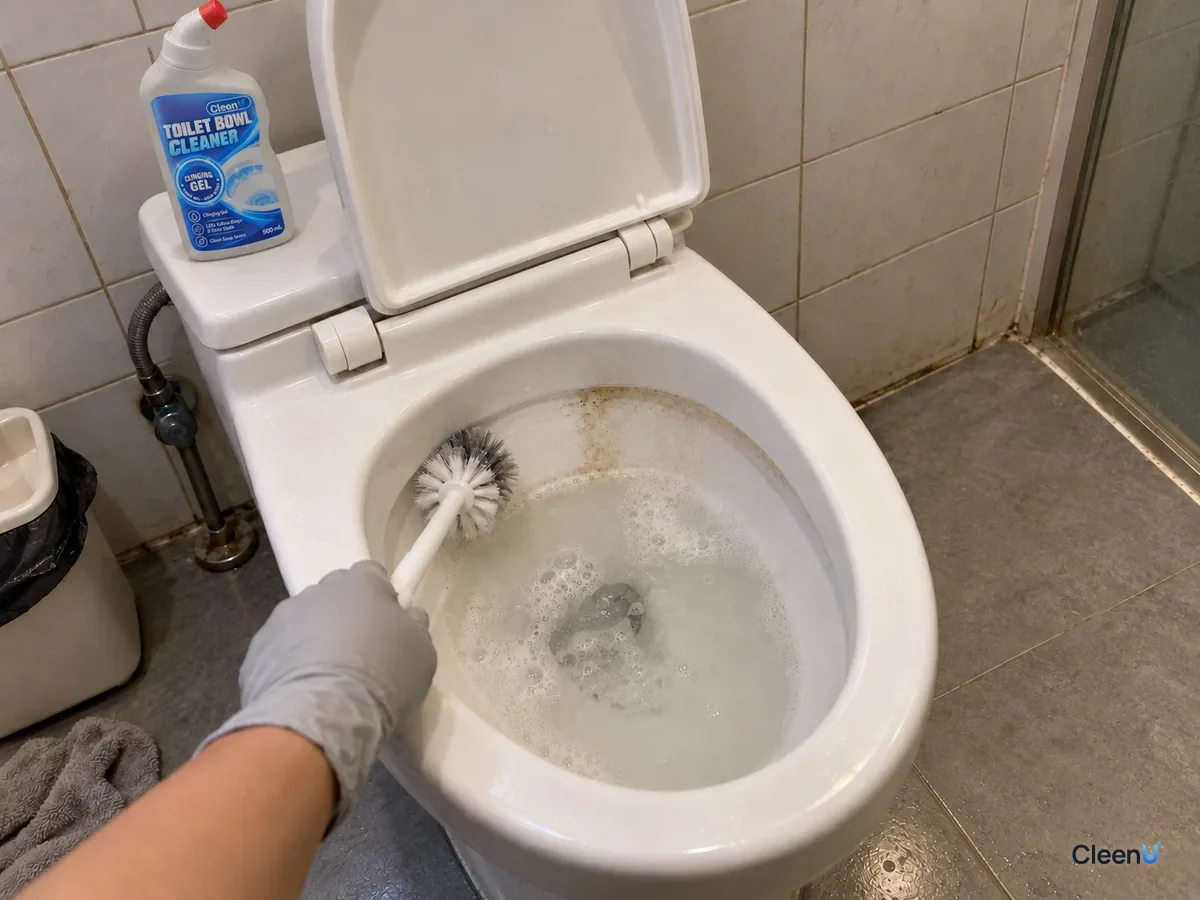 A light gray nitrile-gloved hand scrubs the toilet waterline with a brush, one section whiter, greyish water, a capped CleenU Toilet Bowl Cleaner on the tank lid.