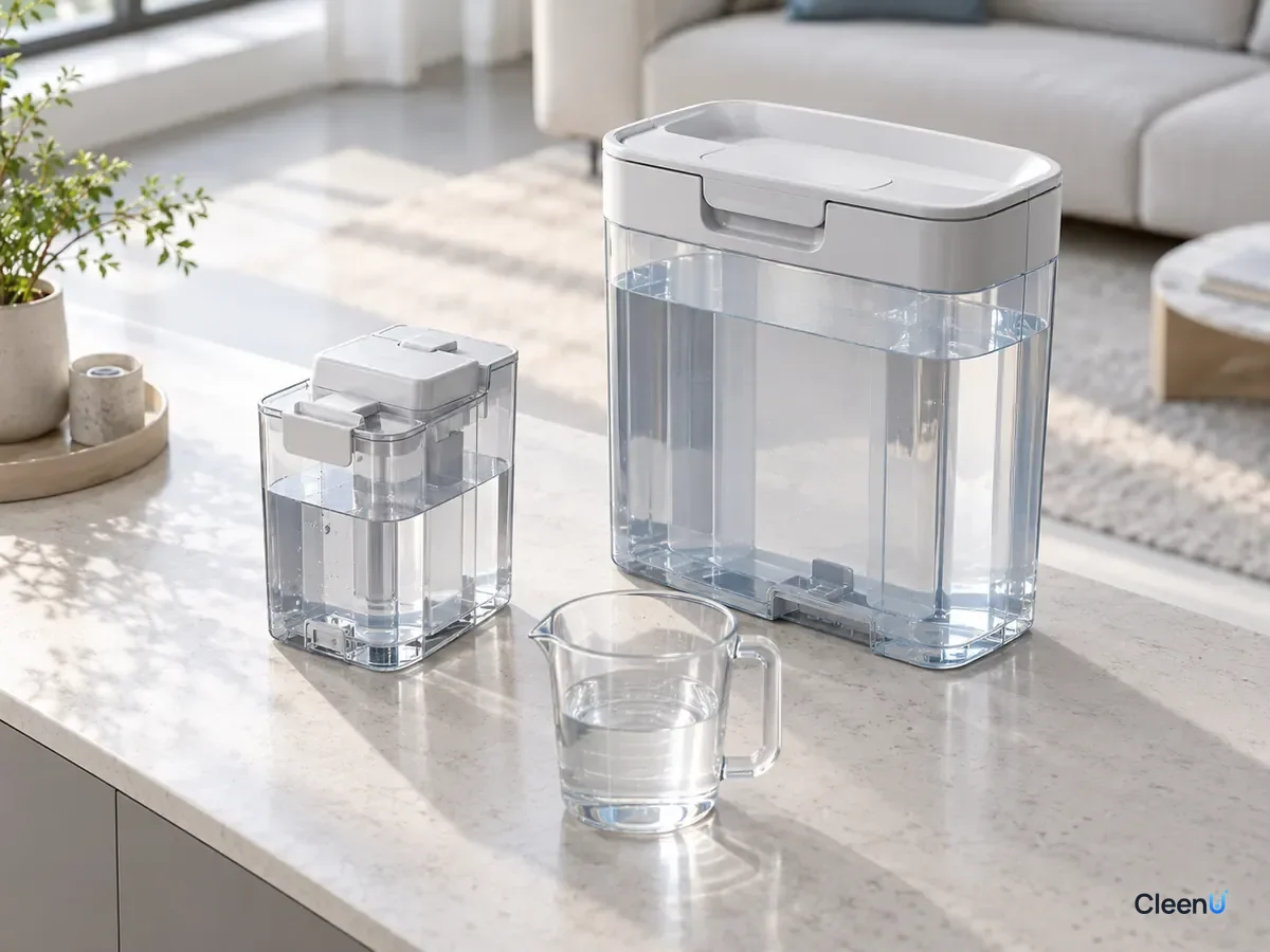 AI illustration: A measuring cup, a marked cap and a clean water tank on a white counter