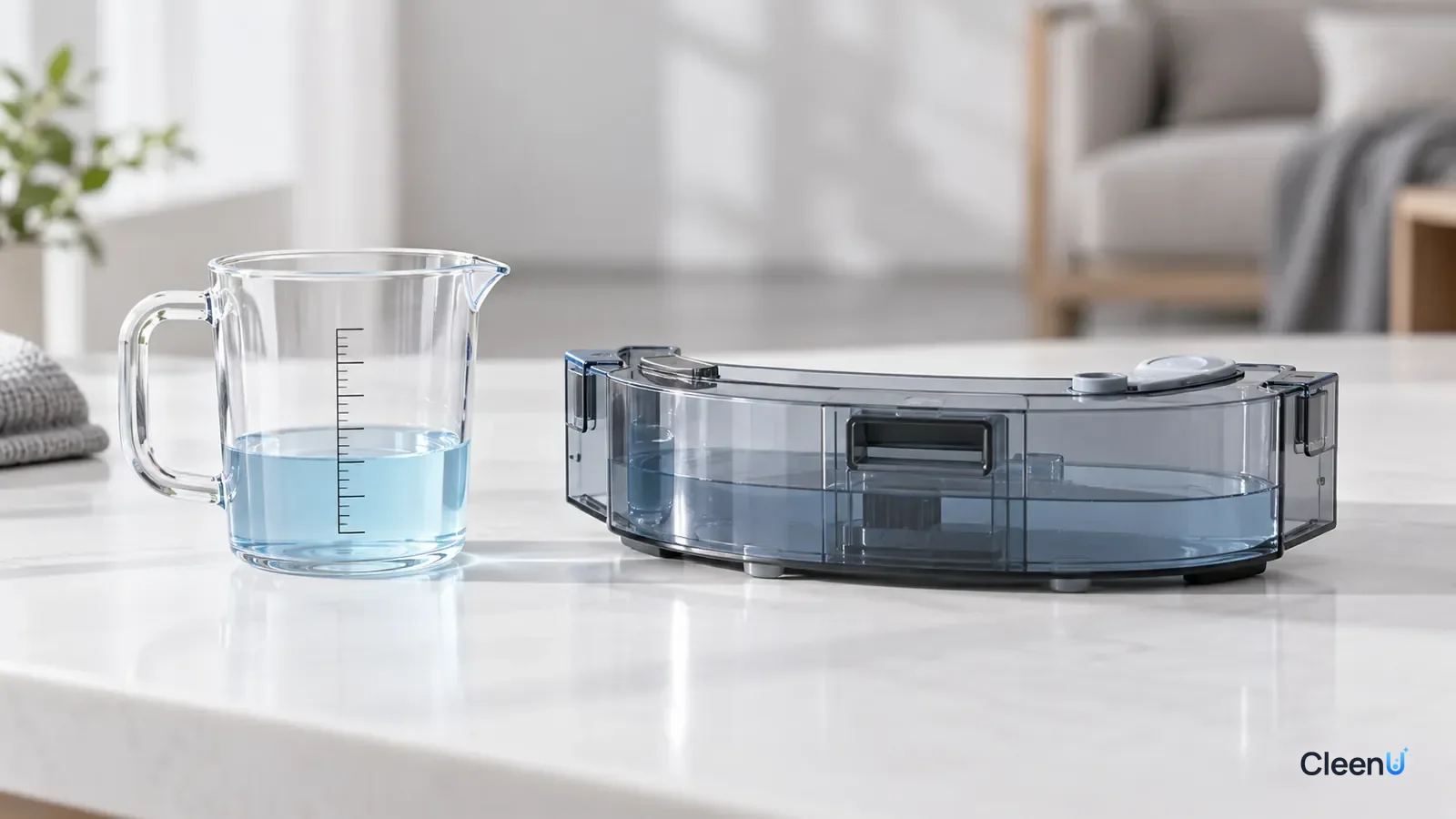 AI illustration: A measuring cup next to a robot vacuum clean water tank on a white counter