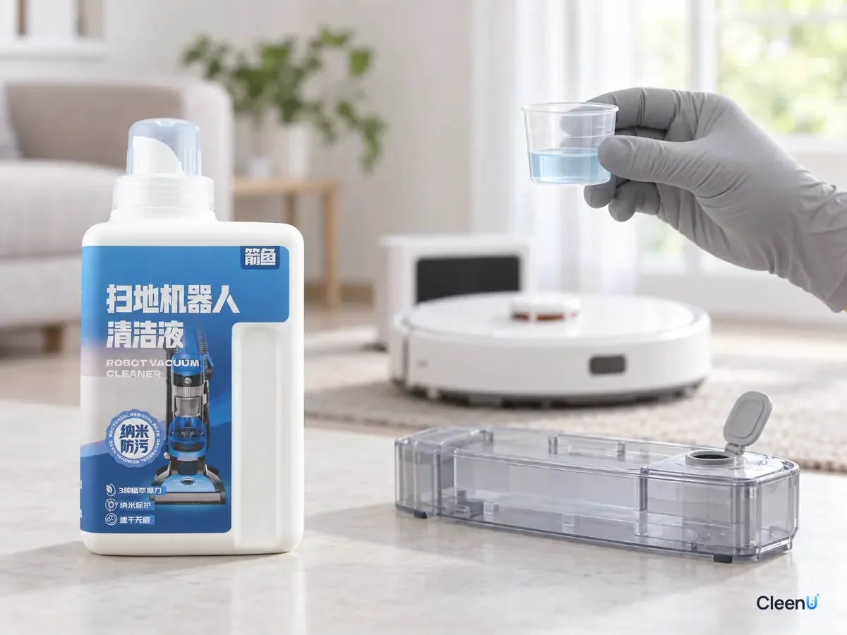 AI illustration: CleenU Robot Vacuum Cleaning Solution on the counter while a gloved hand checks the dose in a measuring cup at eye level
