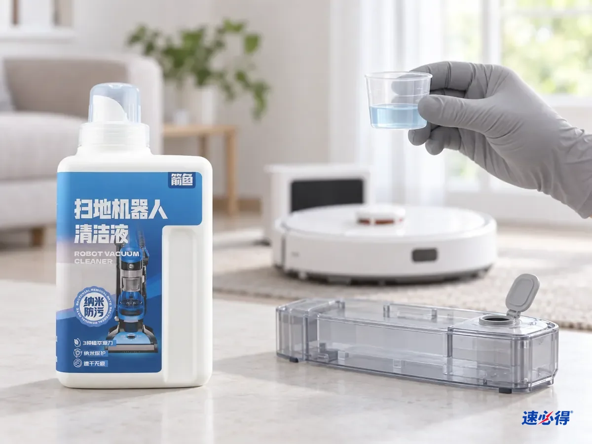 AI 示意图：速必得扫地机器人清洁液立在台面上，戴手套的手举起量杯核对用量