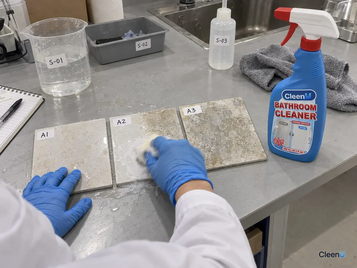 Lab bench with tile panels with test codes carrying one week, two weeks, and a month of soap scum and scale; a technician scrubs each the same way to compare, beside CleenU Bathroom Cleaner.