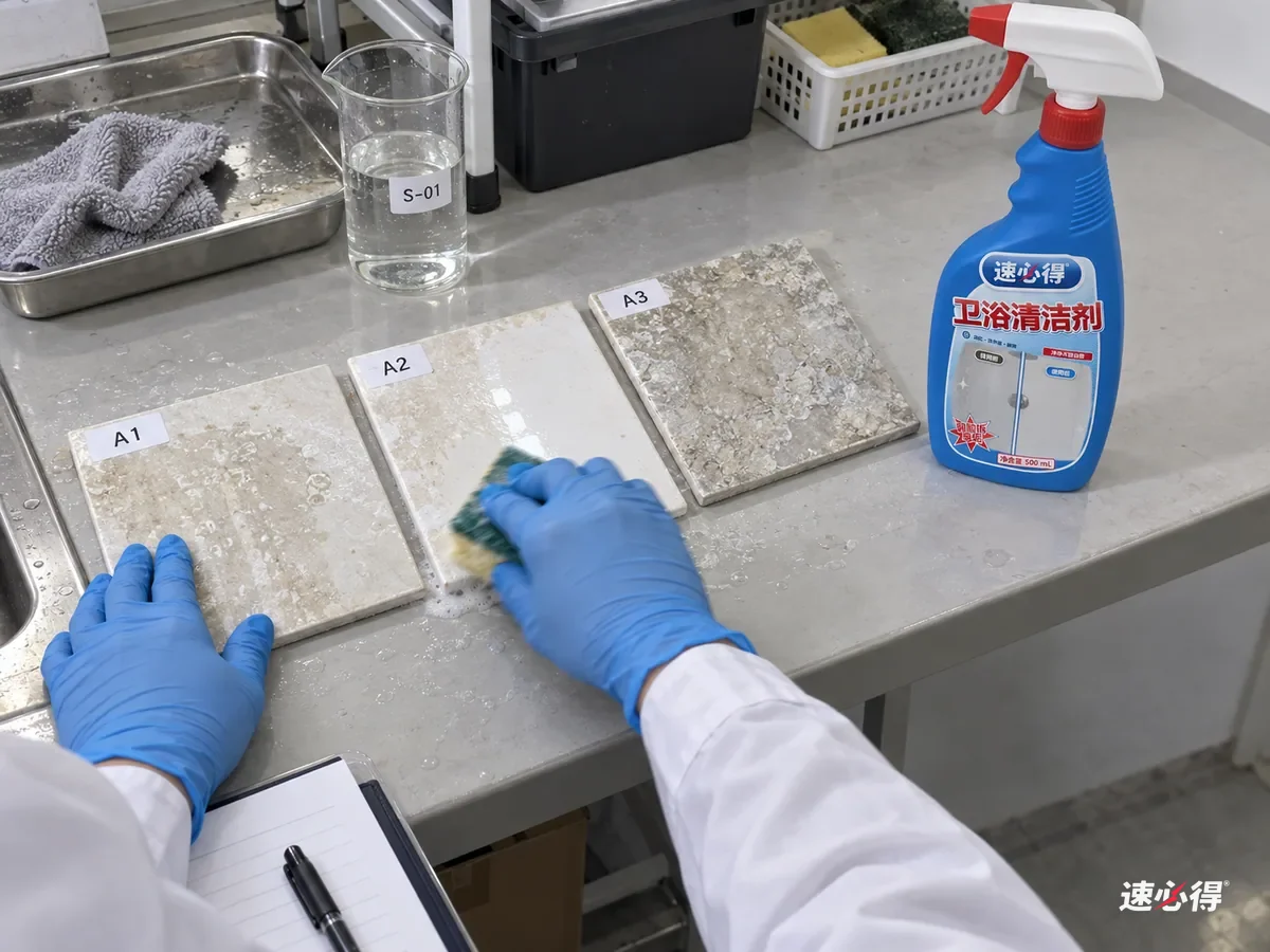 实验台上几块贴着不同测试编号的瓷砖样板，分别放了一周、两周、一个月的皂垢水垢层，厚度不同，技术人员用同样的方式擦洗比较，台面上放着一瓶速必得卫浴清洁剂。