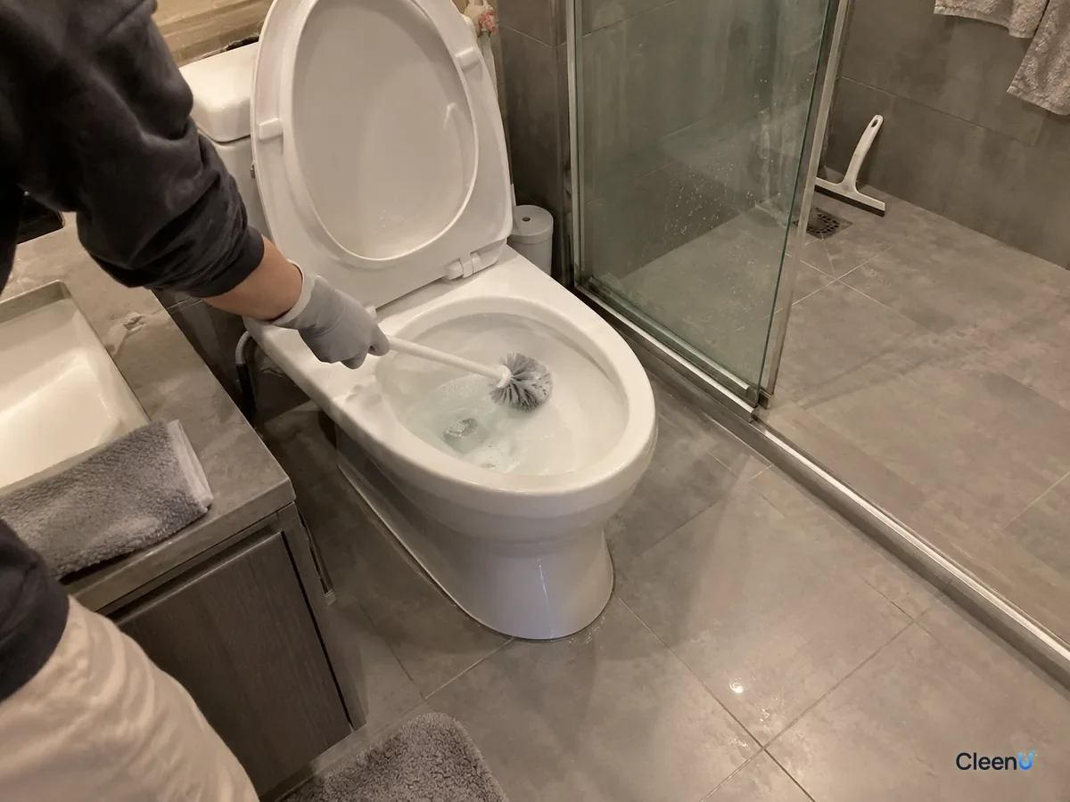 Same bathroom later: a hand in light grey nitrile gloves scrubs the toilet bowl with a toilet brush, the scrubbed side clean white, the vanity behind already wiped dry.