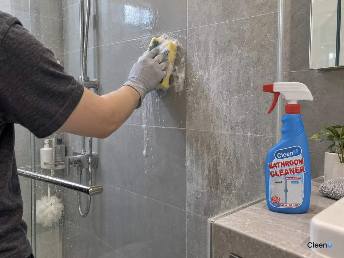 From a step away, a forearm in light gray nitrile gloves sponges gray shower tile, gray-white foam on it; cleaned tile glossy, soap scum beside it, a capped CleenU Bathroom Cleaner on the ledge.