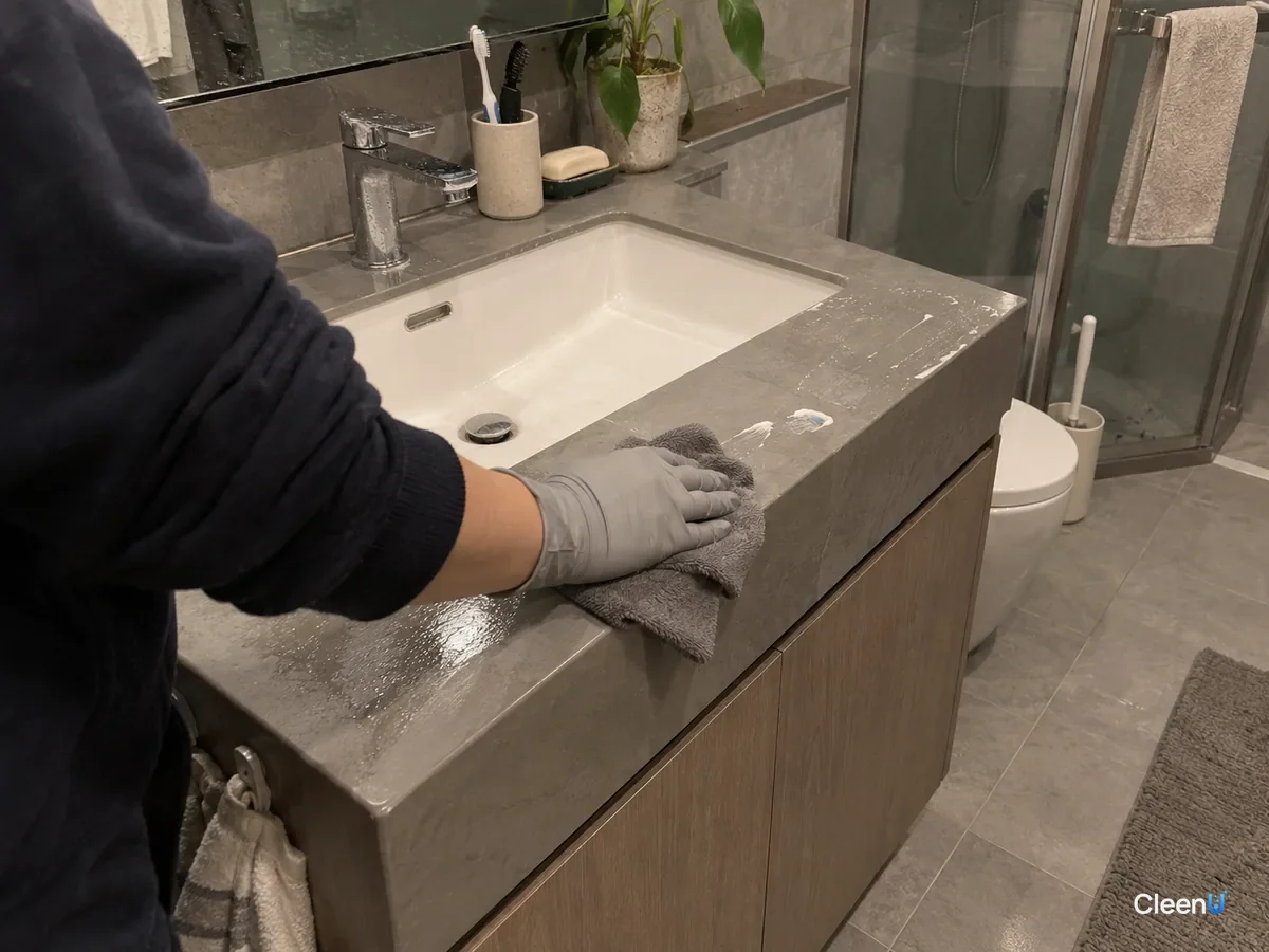At the vanity, a hand in light grey nitrile gloves wipes toothpaste spots and water marks off the counter with a dry cloth, the wiped area dry, droplets still on the faucet base.