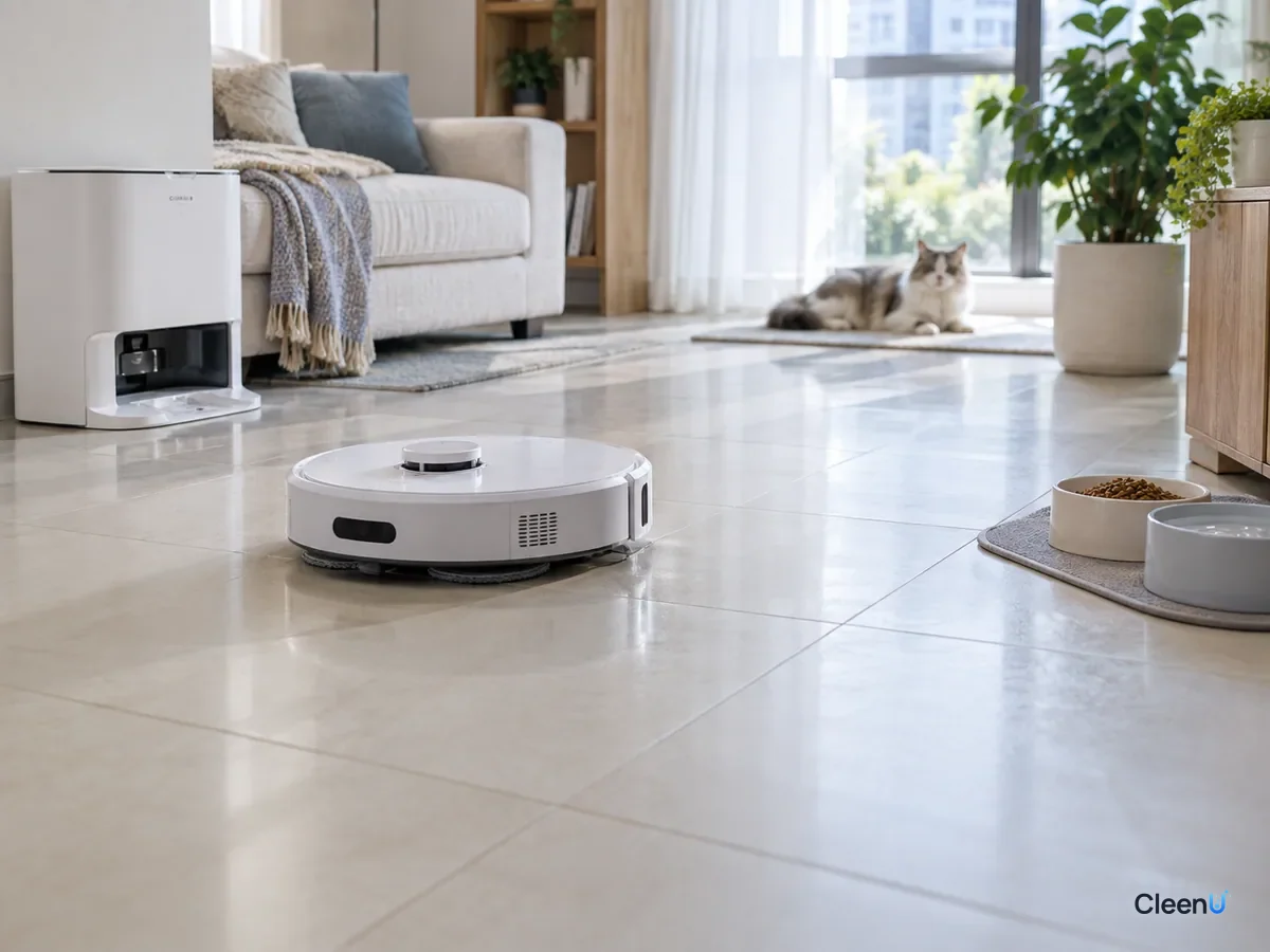 AI illustration: A robot mop working across light living room tile, the floor around a pet's food bowls clean and a cat lounging by the window in the background