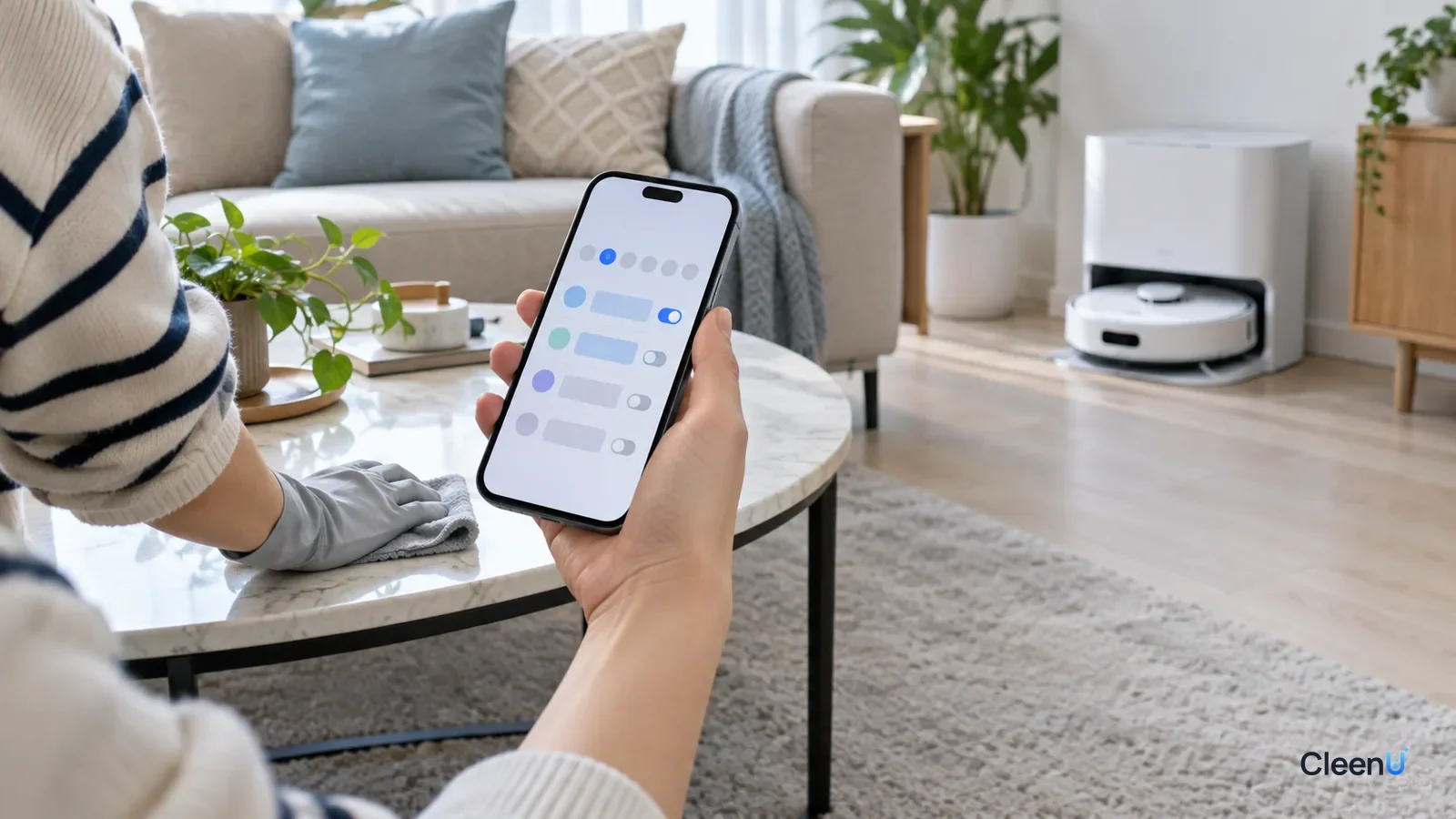 AI illustration: A hand holding a phone beside a white robot mop dock
