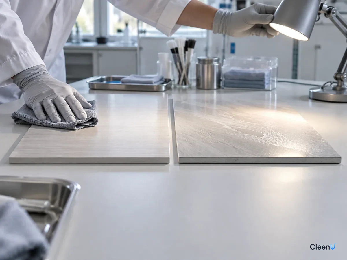 AI illustration: Two floor samples on a laboratory bench with different reflections in side light
