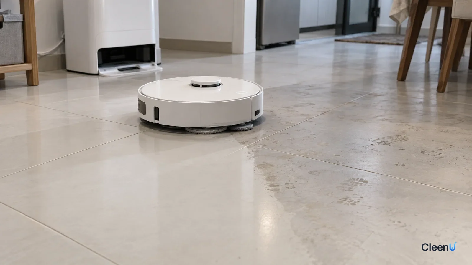 AI illustration: Low close-up of a damp robot mop pad crossing light tile, the mopped area clean and a dull film and footprints still visible ahead in side light