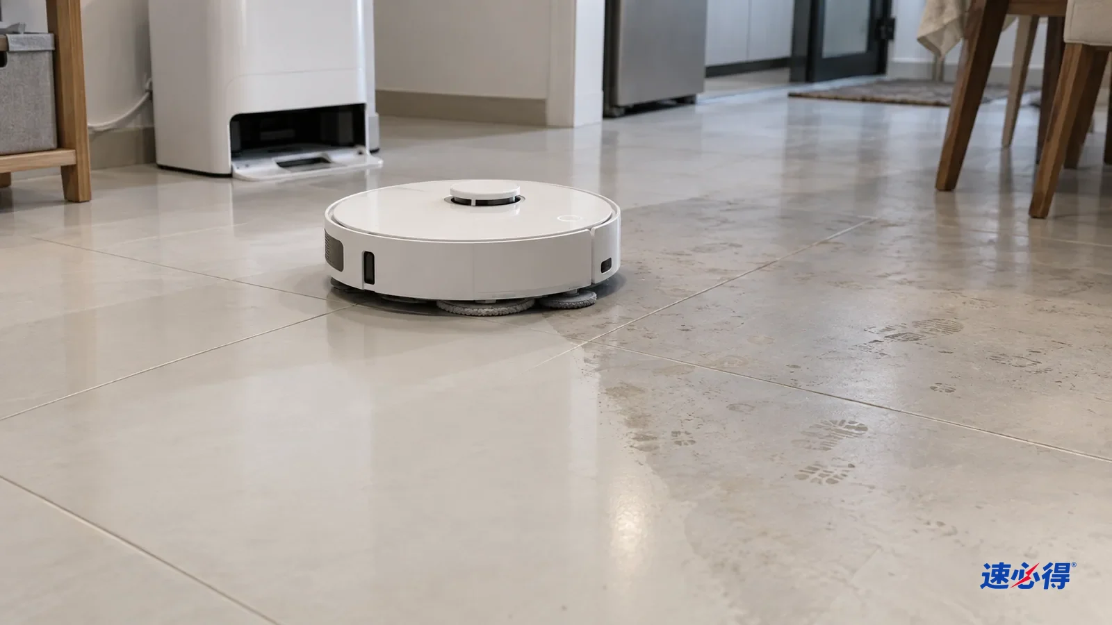 AI 示意图：低机位近景，扫地机器人的湿拖布拖过浅色瓷砖，拖过的部分干净，前方地面在侧光下还能看到一层灰膜和脚印