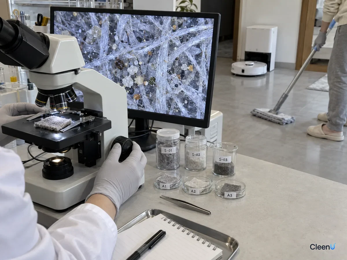 AI illustration: A microscope beside a screen displaying a schematic of fibers and droplets