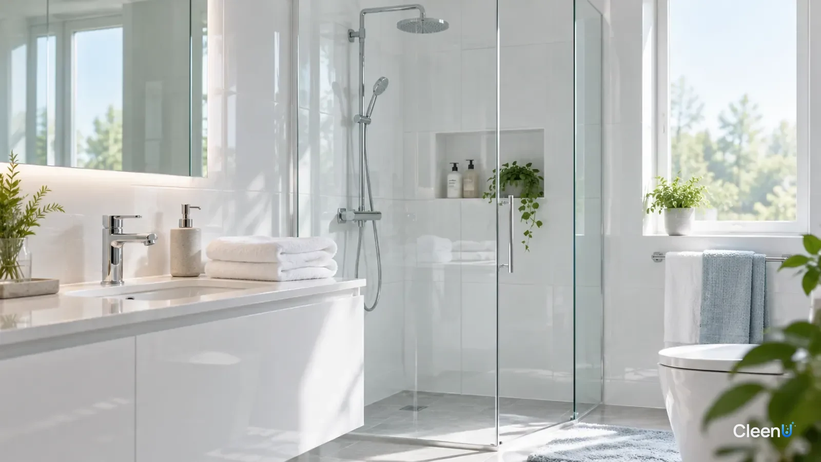 AI illustration: A bright, spotless bathroom with a glass shower screen and folded towels