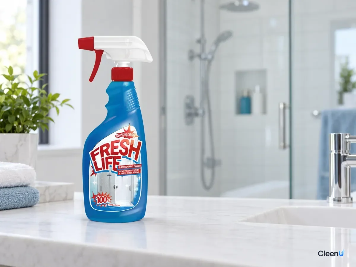 AI illustration: CleenU Bathroom Cleaner on a vanity with a glass shower screen behind it