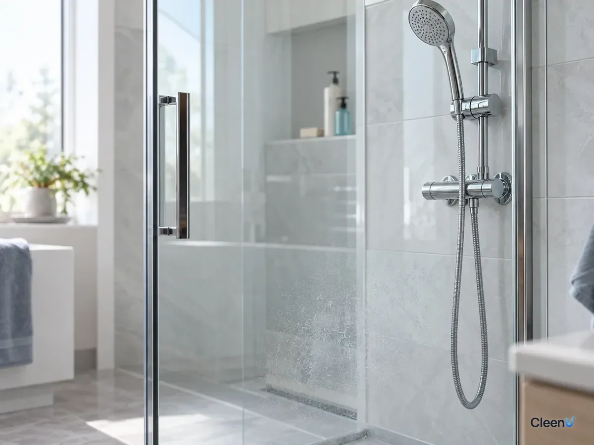 AI illustration: Close-up of a glass shower door and chrome shower fixtures