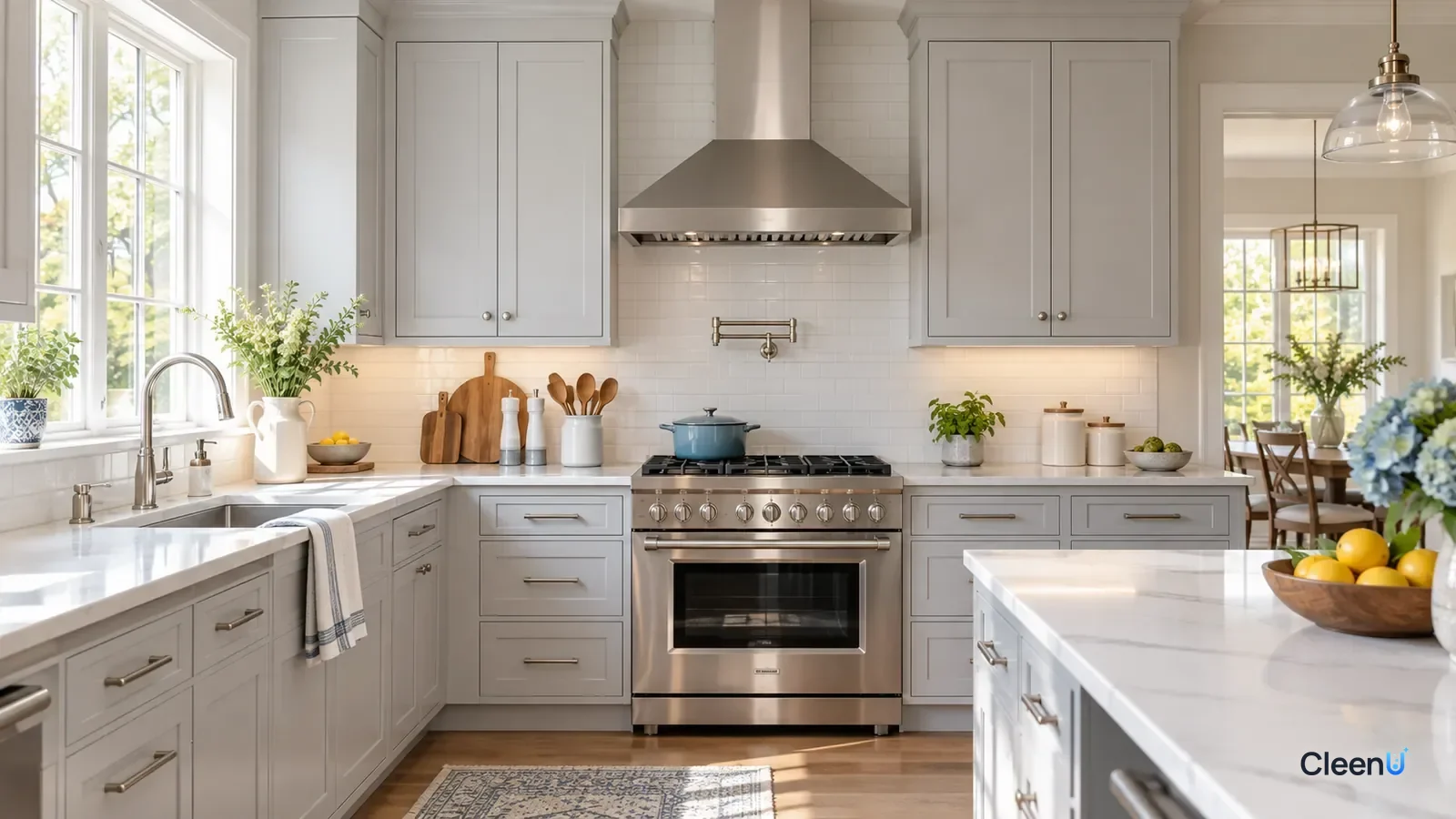 AI illustration: A bright modern kitchen with a stainless range and neatly arranged counters