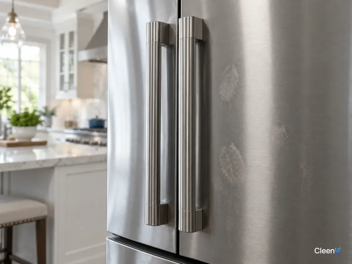 AI illustration: Close-up of a brushed stainless refrigerator door with fingerprints near the handle