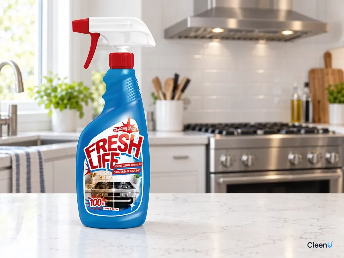 AI illustration: CleenU Kitchen Cleaner & Degreaser on a white quartz counter with the range behind it