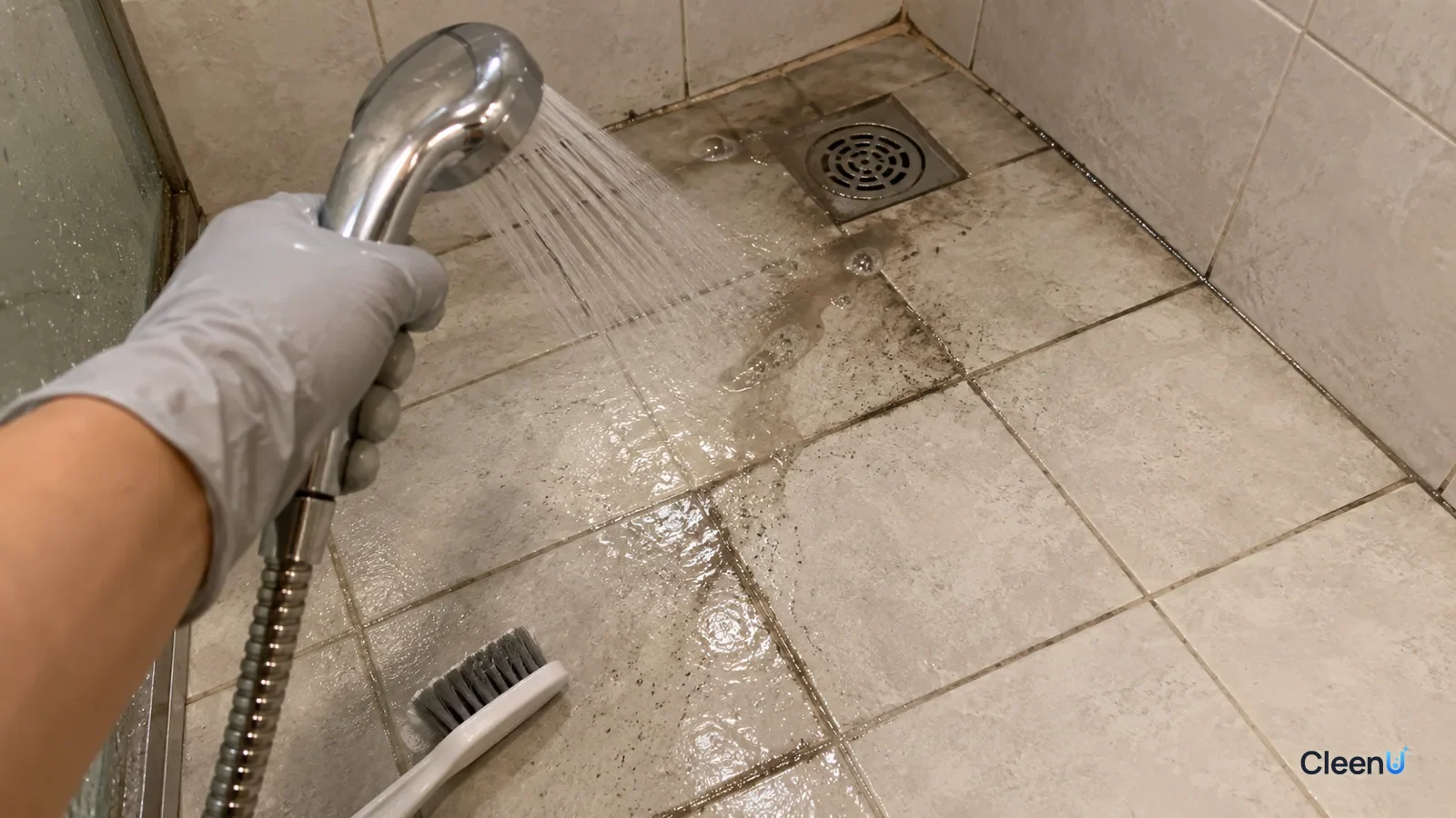 First-person close-up: a hand in light gray nitrile gloves rinses shower floor grout with a handheld shower, gray water running to the drain; rinsed grout lighter, the rest still dark.