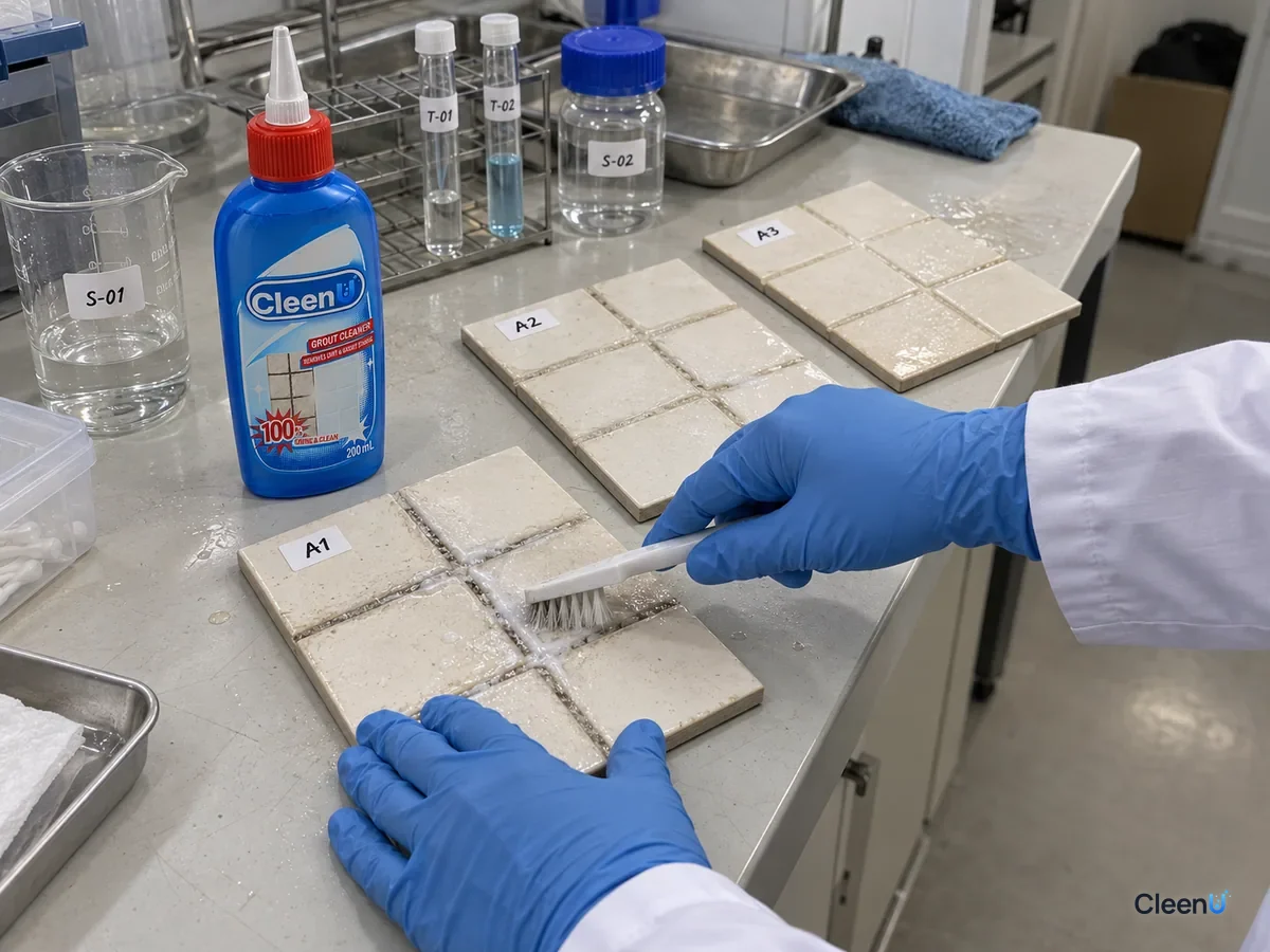 Lab bench with tile panels, each with a test code; grout treated with grout cleaner for different dwell times; a technician scrubs one panel next to a bottle of CleenU Grout Cleaner.