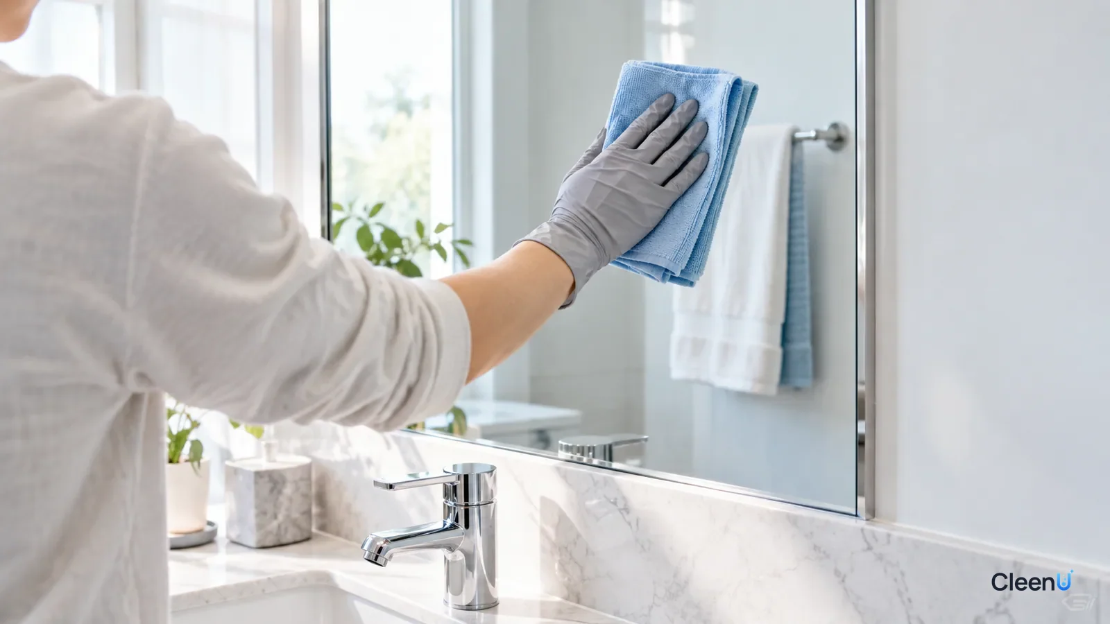 AI illustration: In a bright bathroom, a person in gloves wiping the mirror above the sink with a microfiber cloth