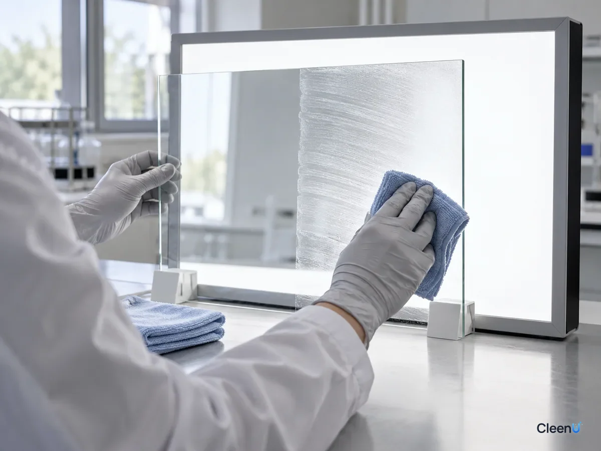 AI illustration: Gloved hands holding a glass sample in front of a laboratory light box