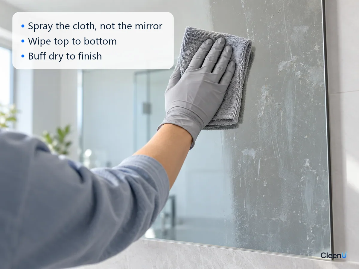 AI illustration: A gloved hand wiping a bathroom mirror from top to bottom with a microfiber cloth