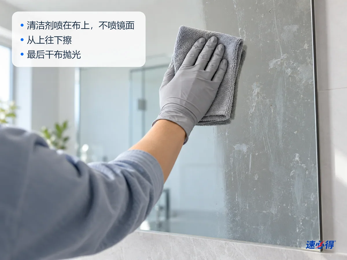 AI 示意图：戴手套的手拿着超细纤维布从上往下擦浴室镜子