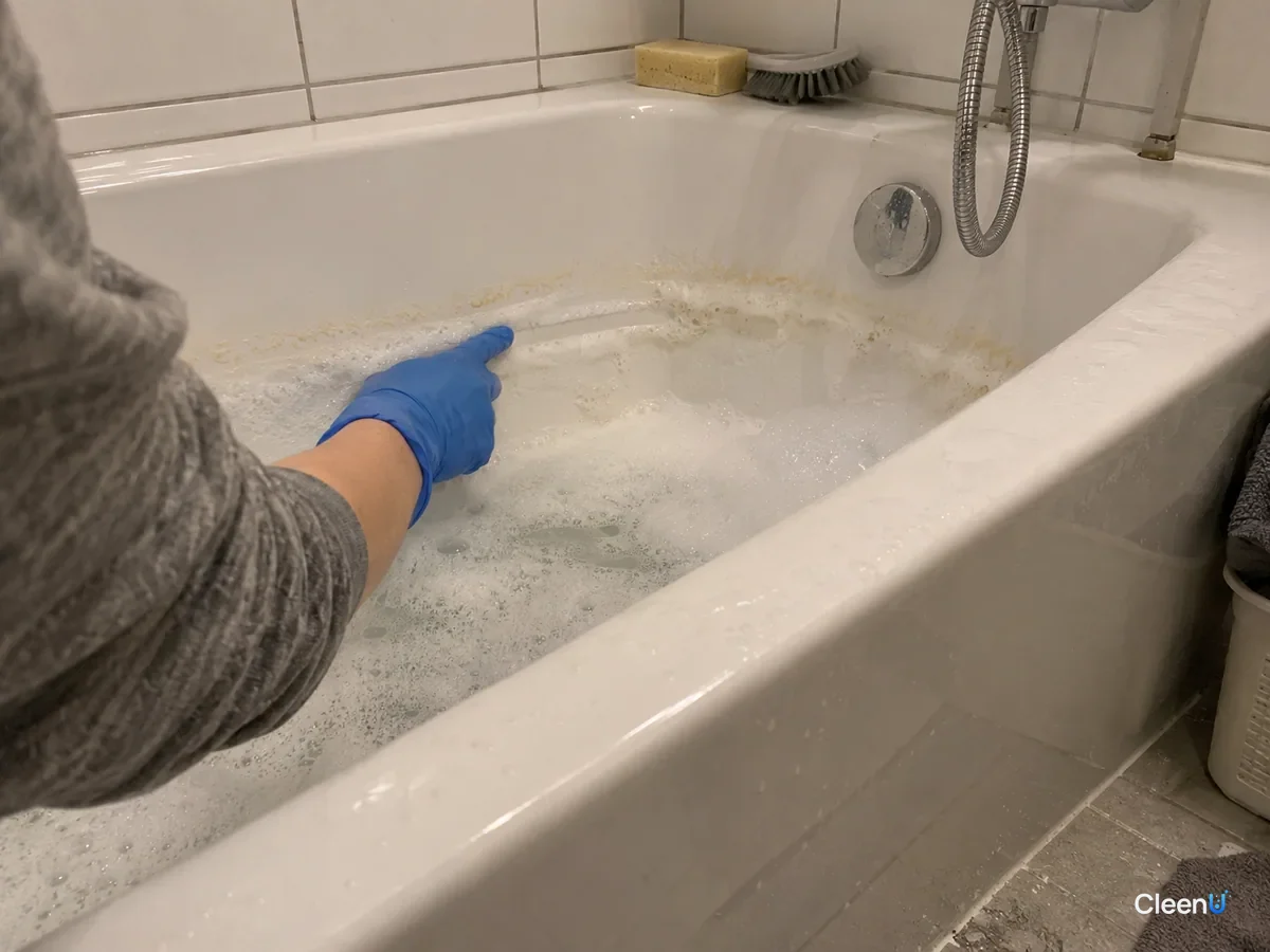 Blue nitrile-gloved finger drawing a light line through foam on the tub waterline, the swiped path slick, the faint yellow scum ring nearby still under foam