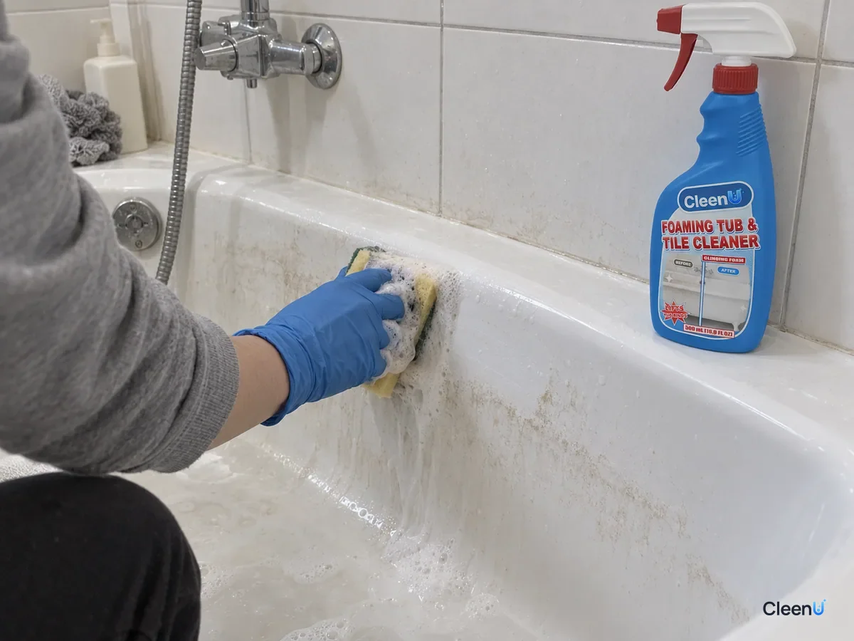 Blue nitrile-gloved hand sponging the tub scum ring, grey foam on the sponge, one section white, a capped CleenU Foaming Tub & Tile Cleaner standing on the rim