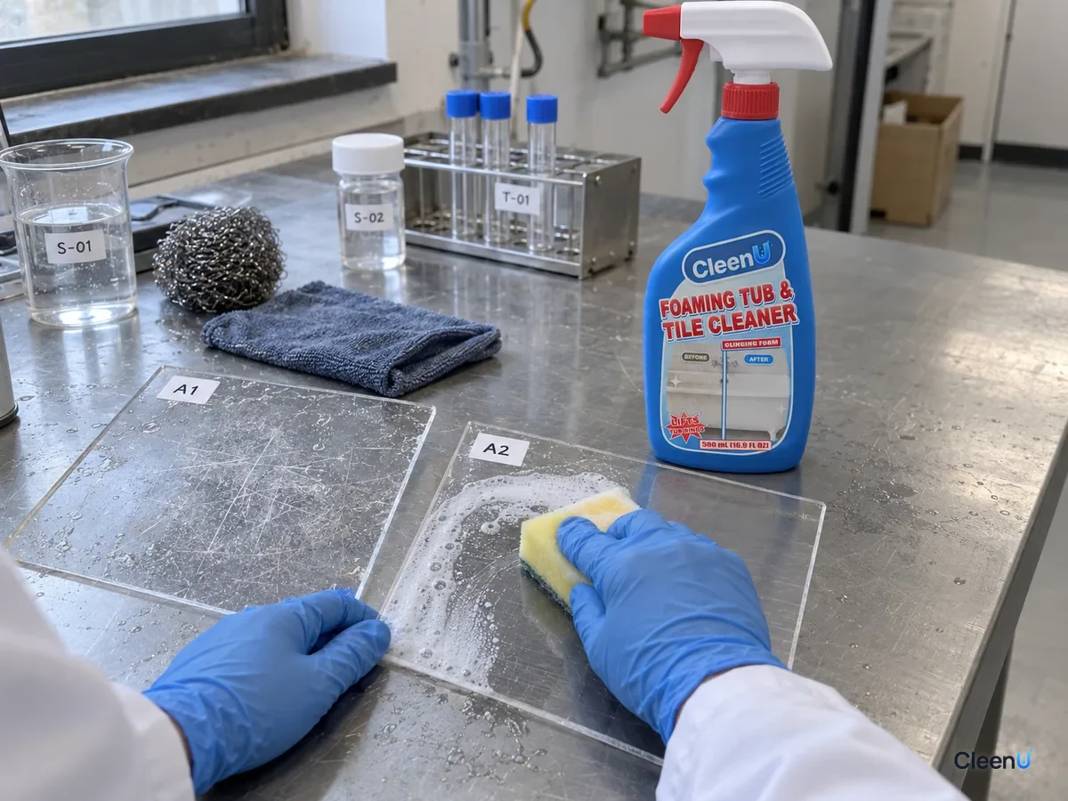 Lab bench: two coded acrylic panels, one dulled by steel wool, one clean after foam and a soft sponge, compared in side light beside CleenU Foaming Tub & Tile Cleaner.