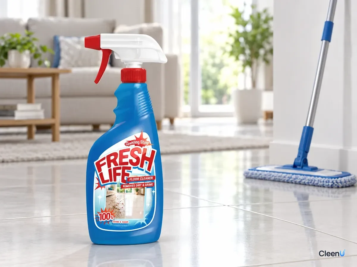 AI illustration: CleenU Floor Cleaner on a light tile floor beside a flat mop