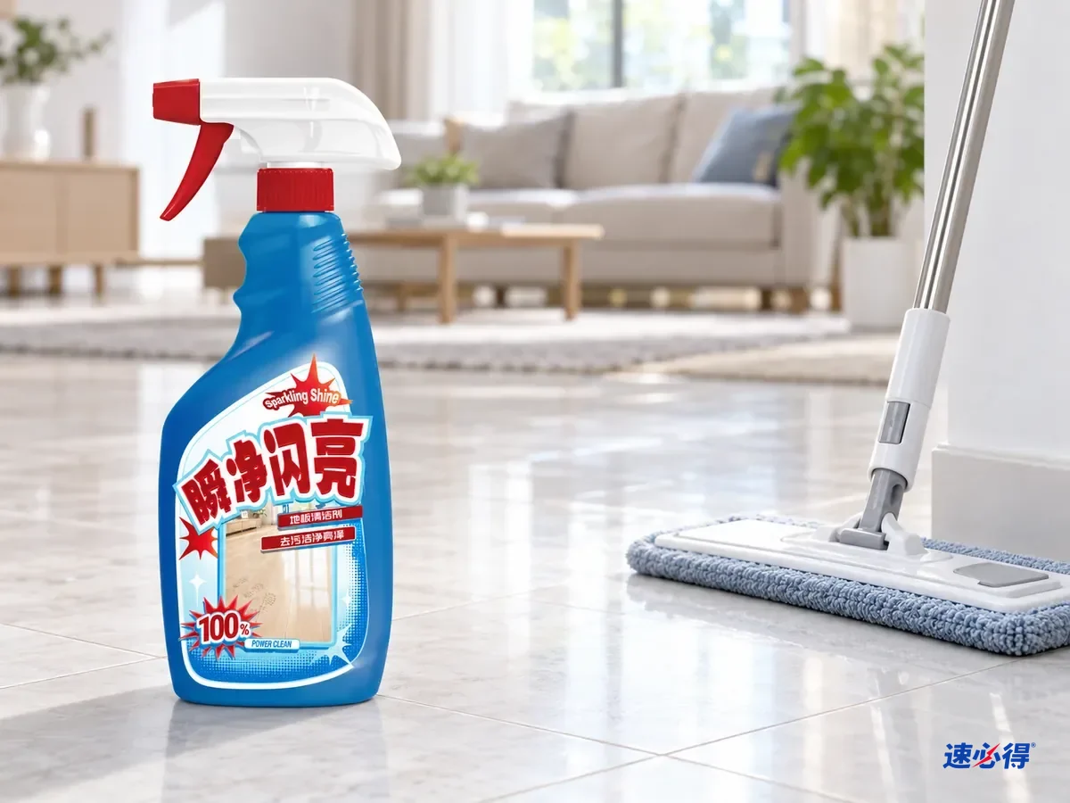 AI 示意图：速必得地板清洁剂放在浅色瓷砖地面上，旁边是平板拖把