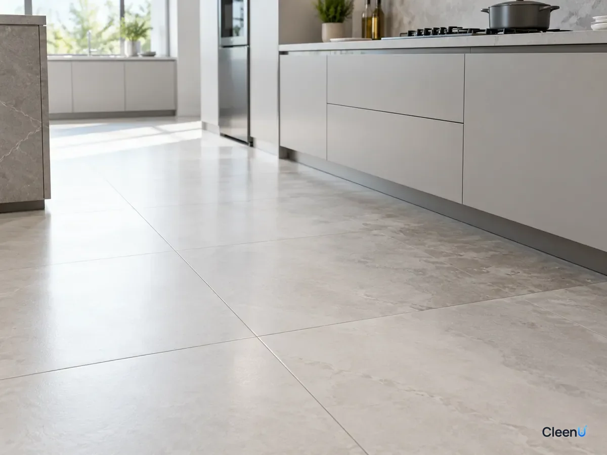 AI illustration: Large-format porcelain tile floor in a kitchen