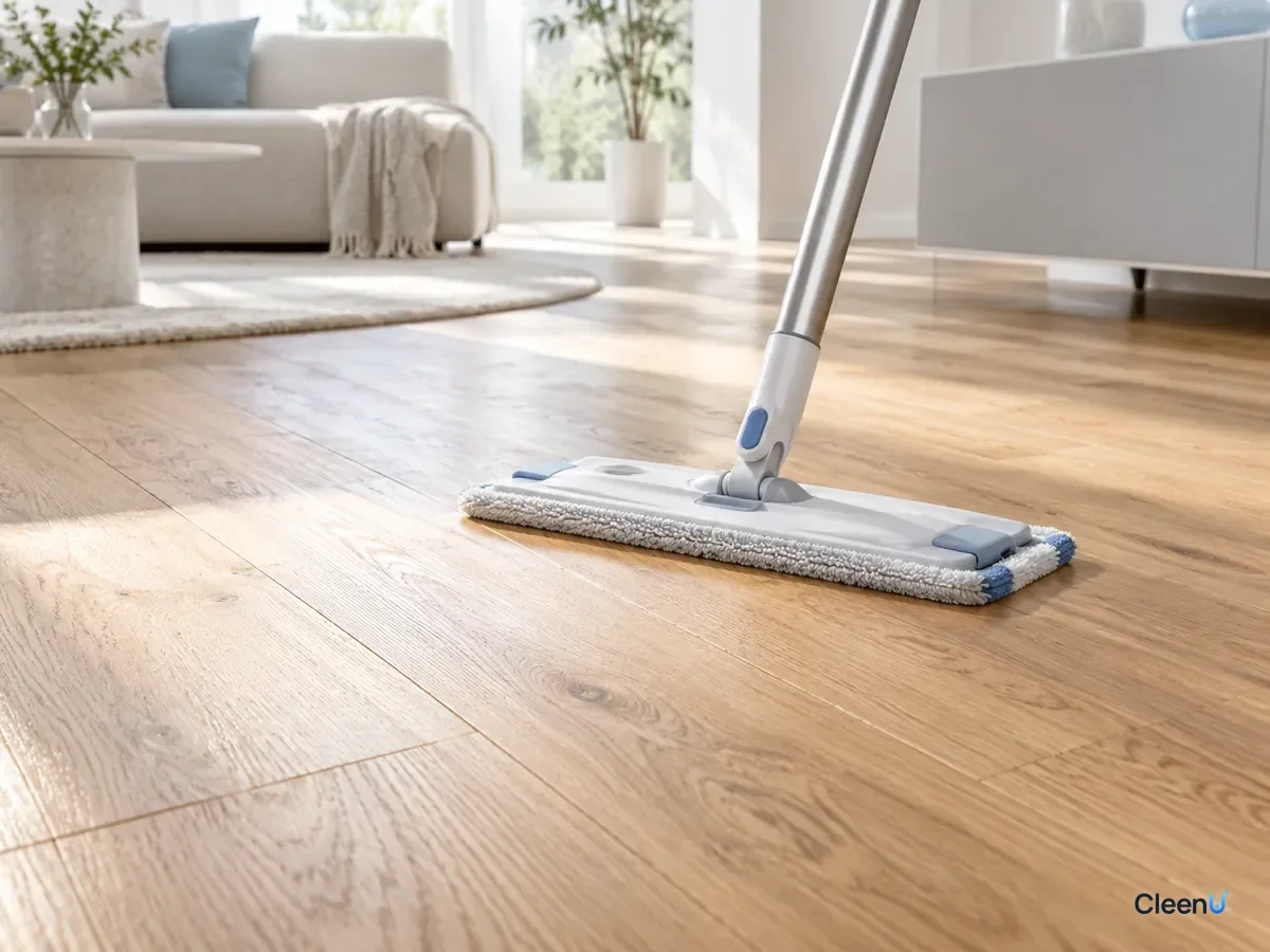 AI illustration: A microfiber flat mop moving with the grain across a warm oak floor