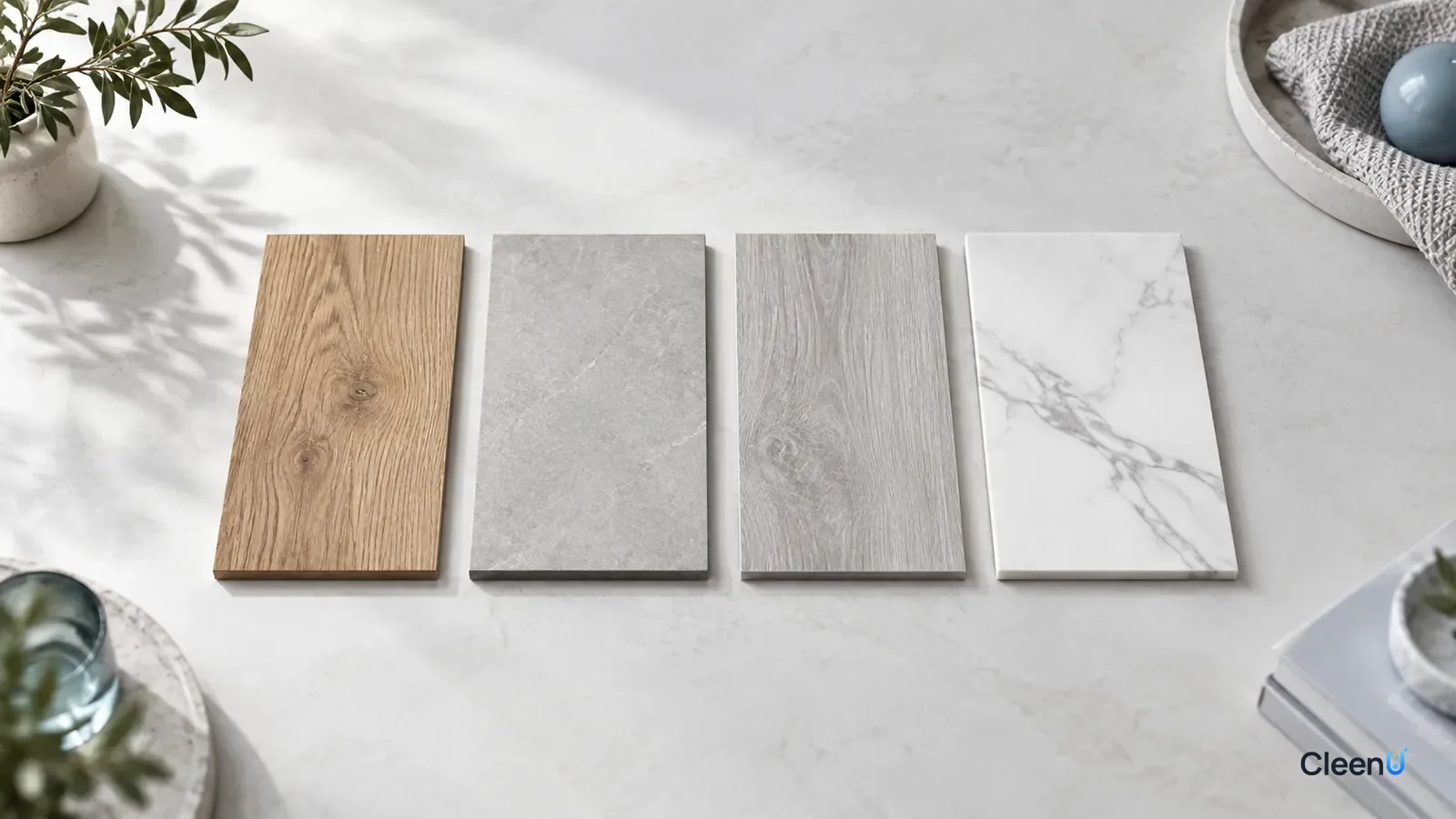 AI illustration: Wood, tile and stone floor samples side by side on a light background