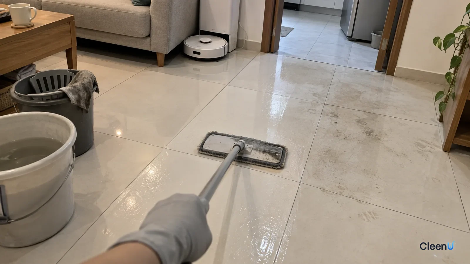 First-person: a light gray nitrile-gloved hand pushes a flat mop for a plain-water pass on white living room tile, one strip lighter than the gray path, pad grayed, kitchen doorway still ahead.