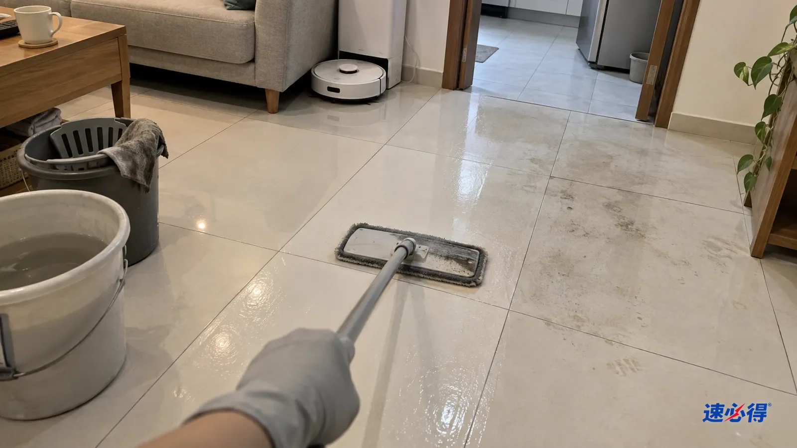第一视角，戴浅灰色丁腈手套的手推平板拖把清水过一遍客厅白色瓷砖走道，拖过的一条比旁边发灰的地面浅，拖布已发灰，厨房门口一片还没拖。