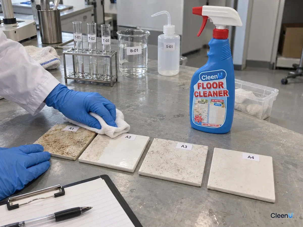 Lab bench: coded white tile panels with layered cleaner residue; one restored bright after a deep clean as a technician compares with a white cloth, beside CleenU Floor Cleaner.