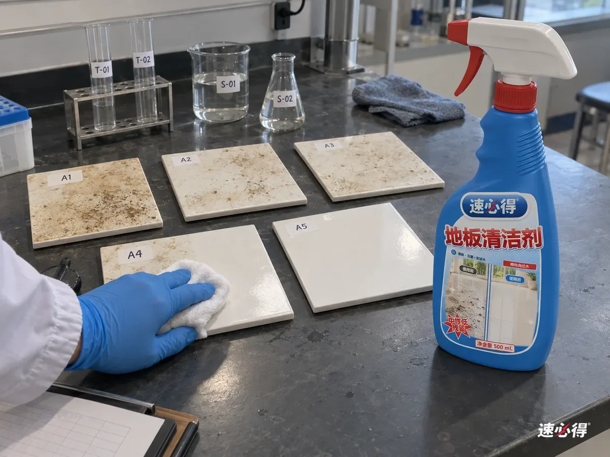 实验台上几块贴着不同测试编号的白色瓷砖样板，分别叠加了几十次清洁剂残留，一块深度清洁后恢复白亮，技术人员用白布擦试比较，台面上放着一瓶速必得地板清洁剂。