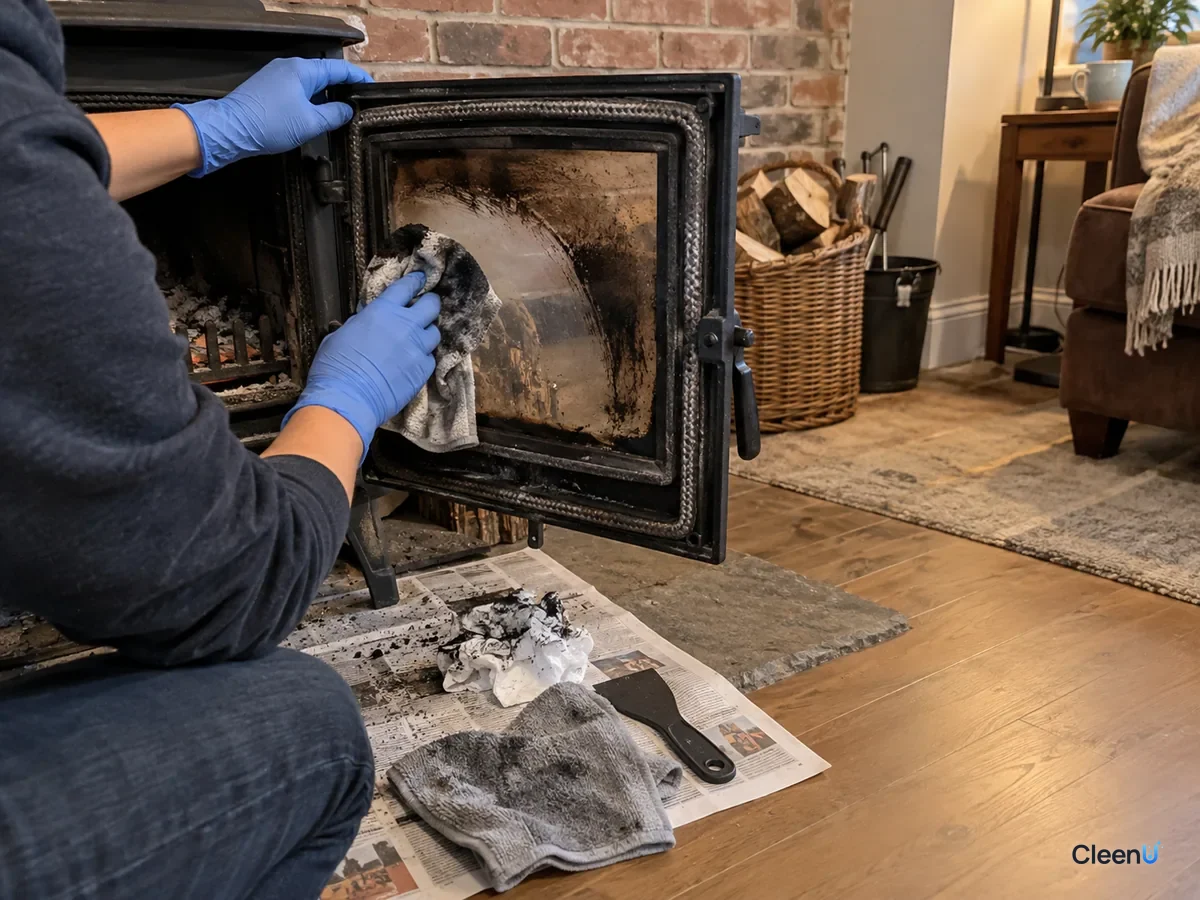 A blue nitrile-gloved hand wipes black film from inside wood stove glass with a damp microfiber cloth full of soot, the gray rope gasket and black painted door frame right beside it.